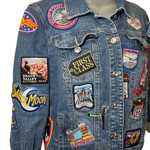 Denim Jacket Patches Route 66 Queen Band Travel USA Rock Boho Trucker Sz L - Picture 5 of 16